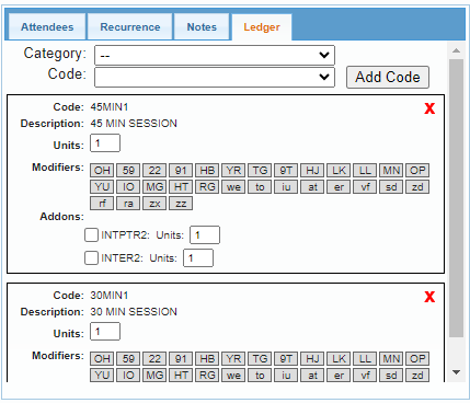 Screenshot of the Ledger tab showing default codes and options.