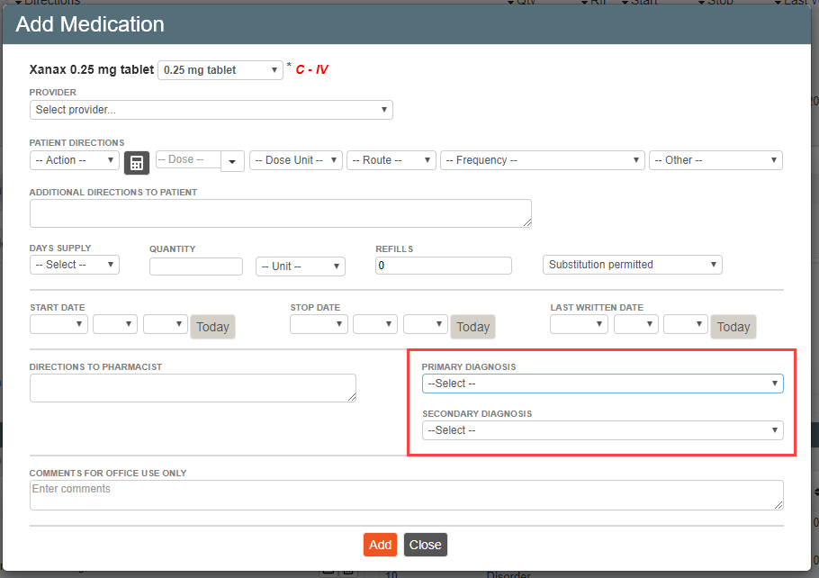 DrFirst medication details showing diagnosis selection