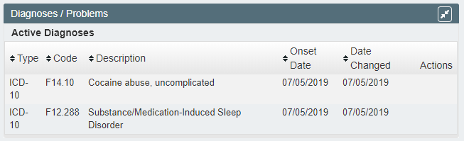 DrFirst Diagnoses/Problems widget showing a diagnosis