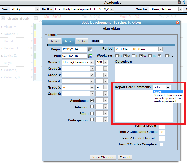 Screenshot showing student details in Grade Book
