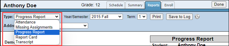 Report Type dropdown