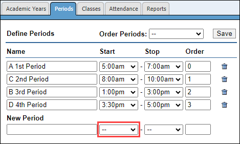 Period start time dropdown