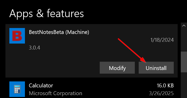 Screenshot of BestNotes uninstall process on Windows
