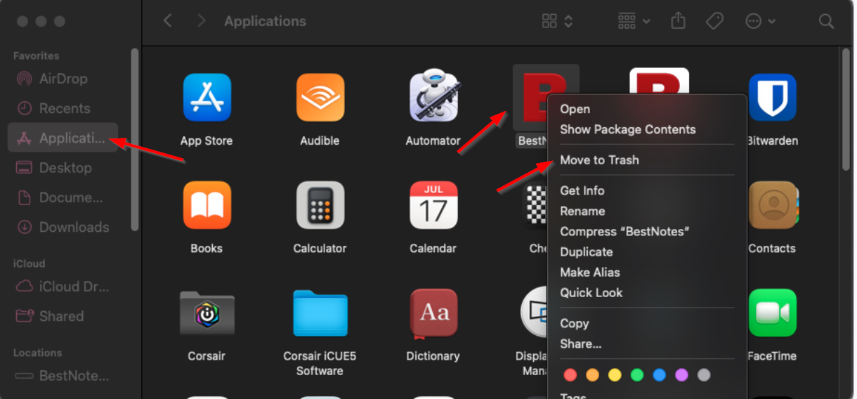 Screenshot of BestNotes uninstall process on MacOS