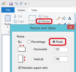 Screenshot of Paint resize dialog with pixels selected and horizontal value set to 725