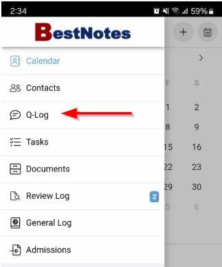 Mobile Q-Log menu with Q-Log option highlighted