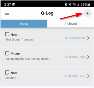 Mobile Q-Log screen with plus icon highlighted