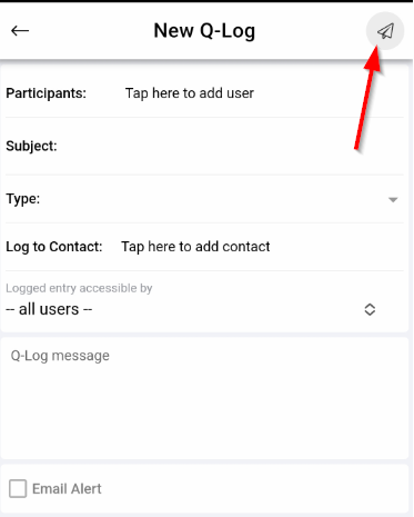 Mobile Q-Log new message screen with paper plane icon highlighted