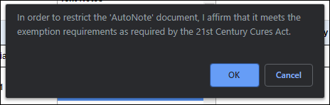 Screenshot showing the confirmation prompt for 21st Century Cures Act exemption