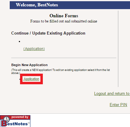 Screenshot showing the 'Begin New Application' link.