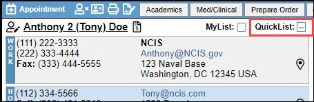 QuickList dropdown menu