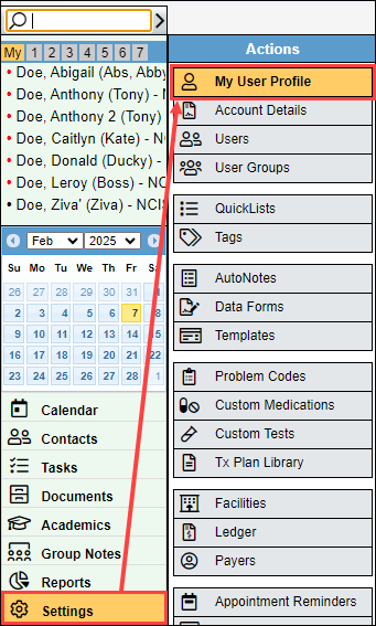 Screenshot showing navigation to Settings and My User Profile