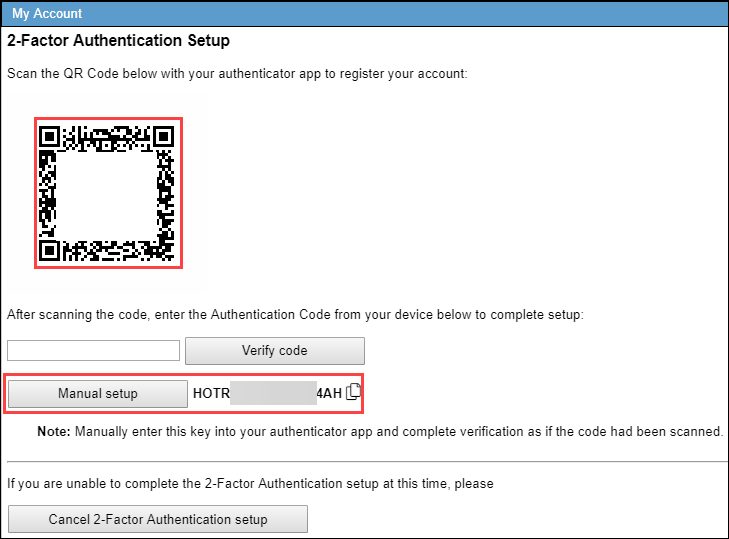 Screenshot of QR code for 2-Factor Authentication setup