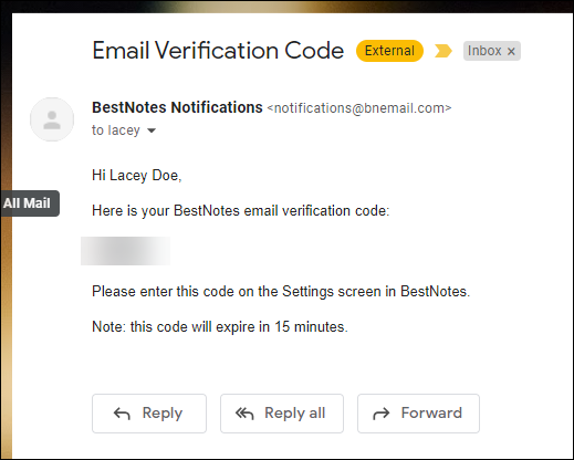 Screenshot of an email containing the verification code