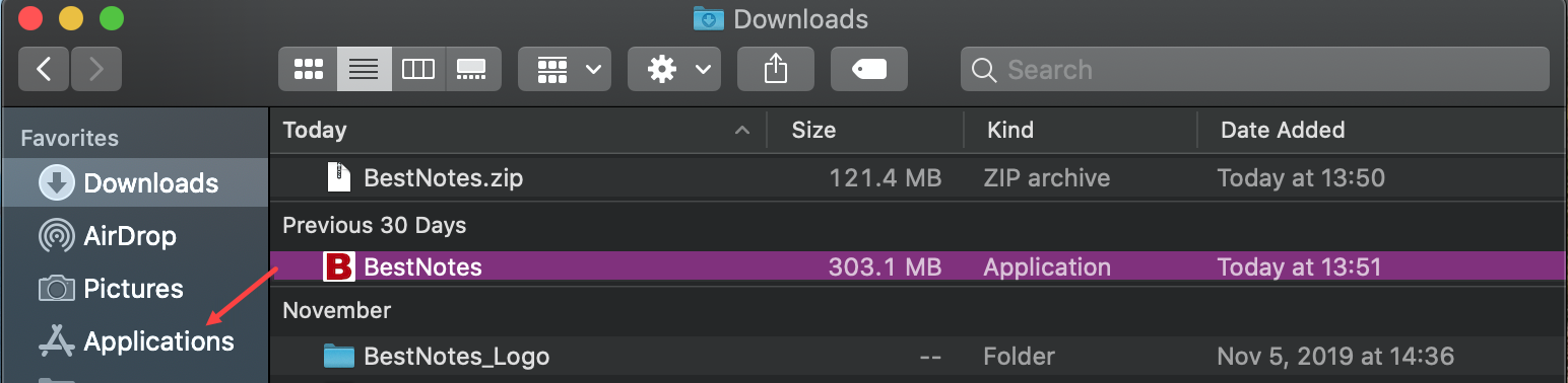 Dragging BestNotes application to Applications folder
