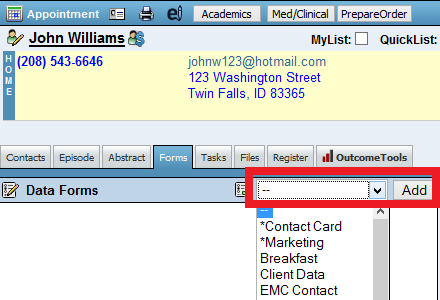 Screenshot showing the Forms tab with a dropdown list of data forms and an Add button.