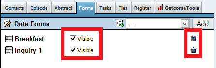 Screenshot showing the Manage Form window with options to delete a form or uncheck its Visible box.