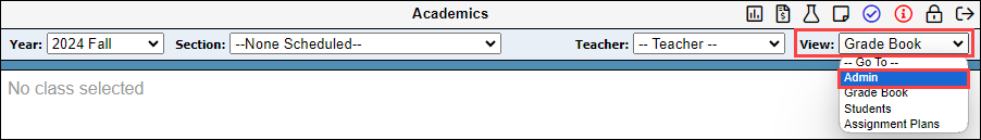 Screenshot showing the View dropdown with Admin selected.