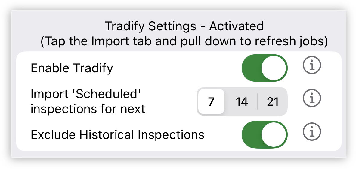 PIM app — Tradify Settings screen showing Enable Tradify toggle, import day range, and Exclude Historical Inspections toggle