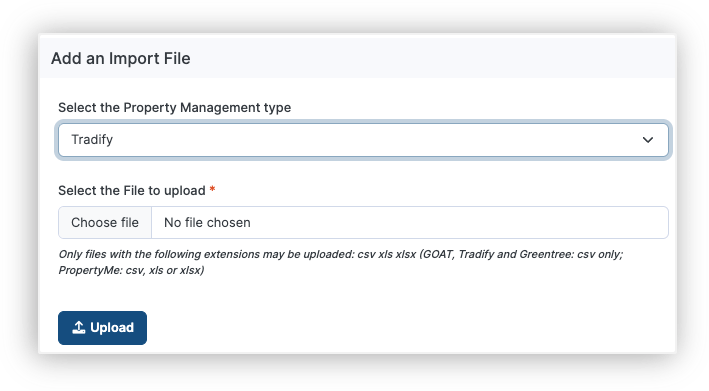PIM Cloud Dashboard — Add an Import File with Tradify selected