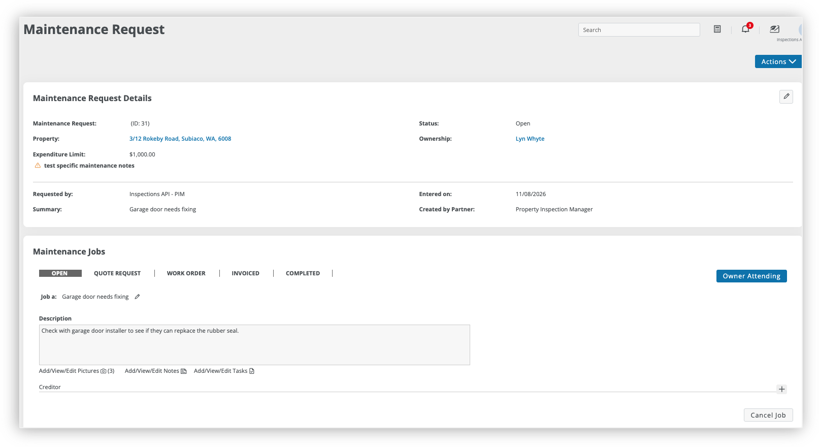 Property Tree Maintenance Request detail view showing request details, Maintenance Jobs section with an Open job, description, and photo count