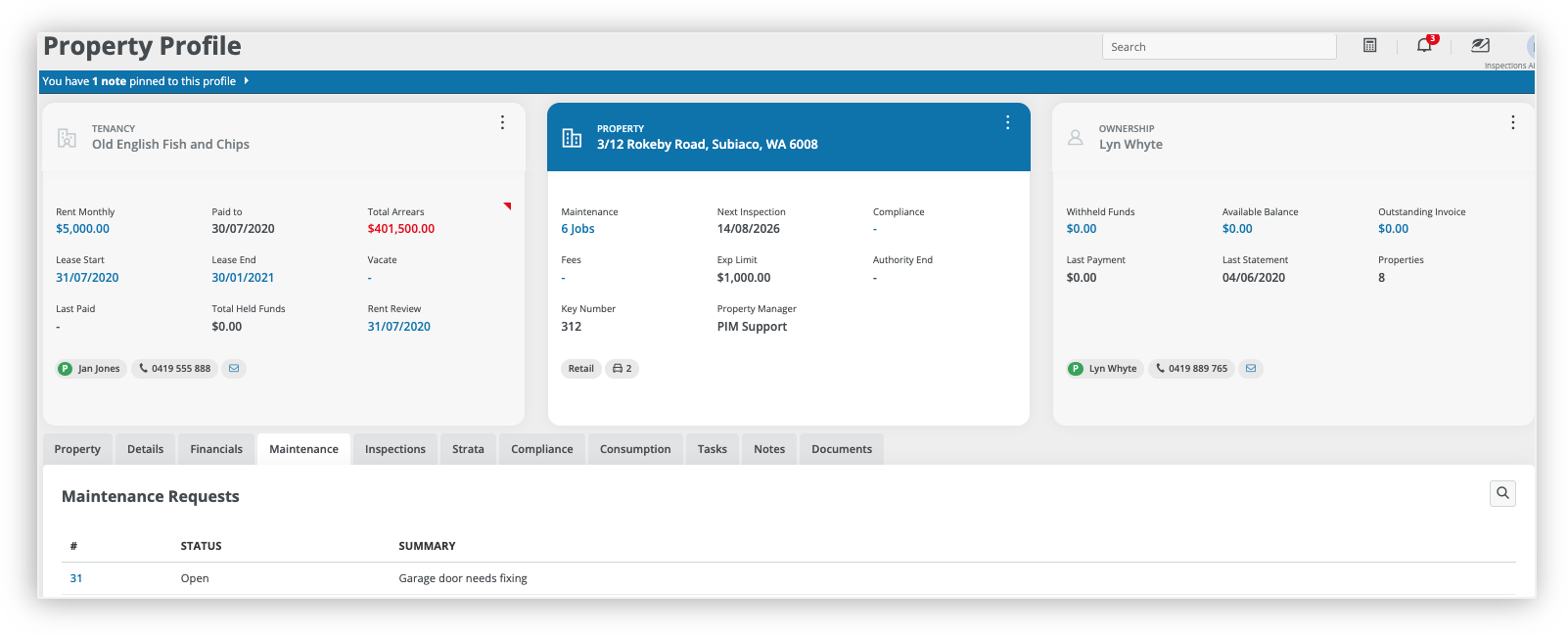 Property Tree Property Profile showing the Maintenance tab with a new Open request listed