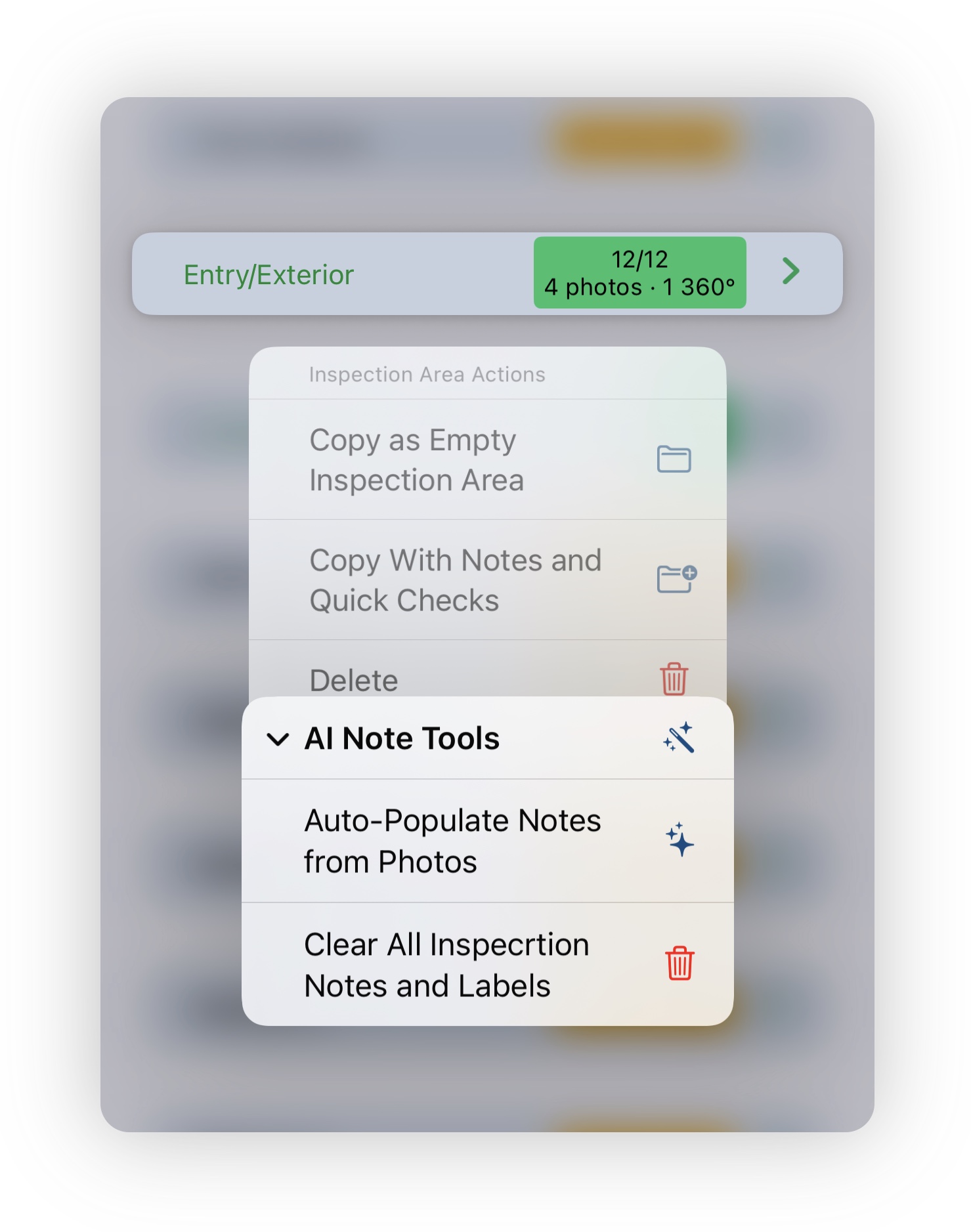 Inspection Area Actions menu showing AI Note Tools section with Auto-Populate Notes from Photos option