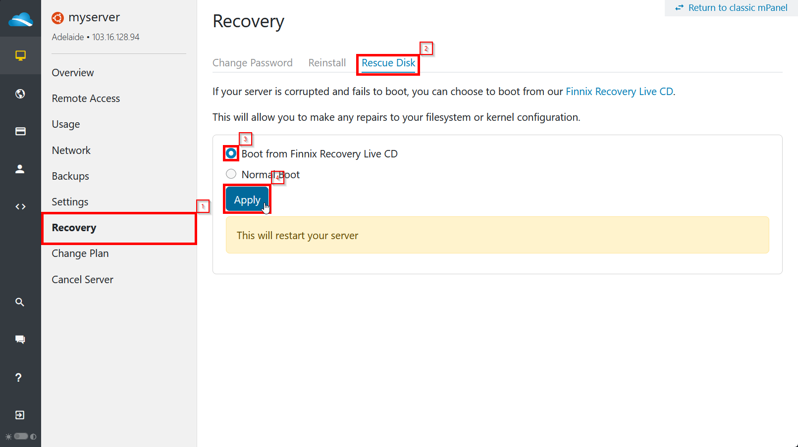 mPanel Recovery page with Boot from Finnix Recovery Live CD selected
