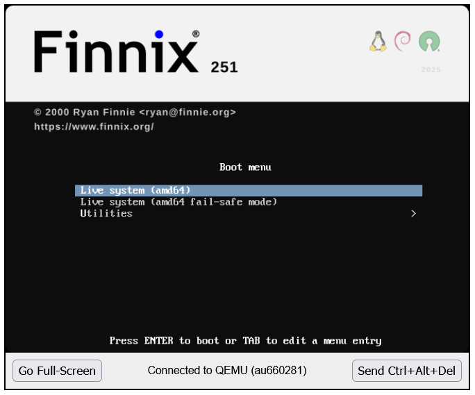 Finnix 251 boot menu with Live system amd64 selected