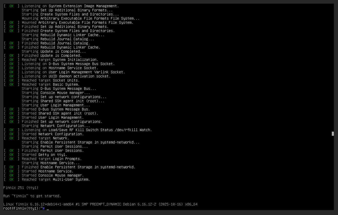 Finnix 251 root shell prompt after booting