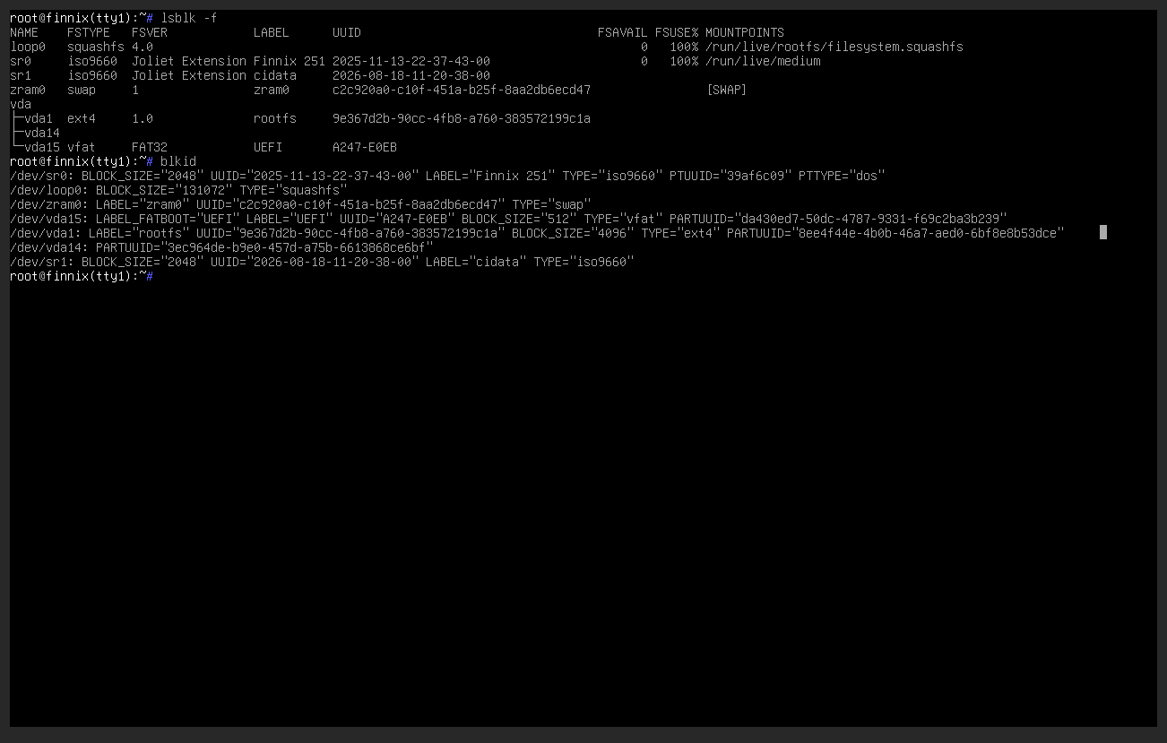 Finnix lsblk and blkid output showing the recovery media and installed VPS disk