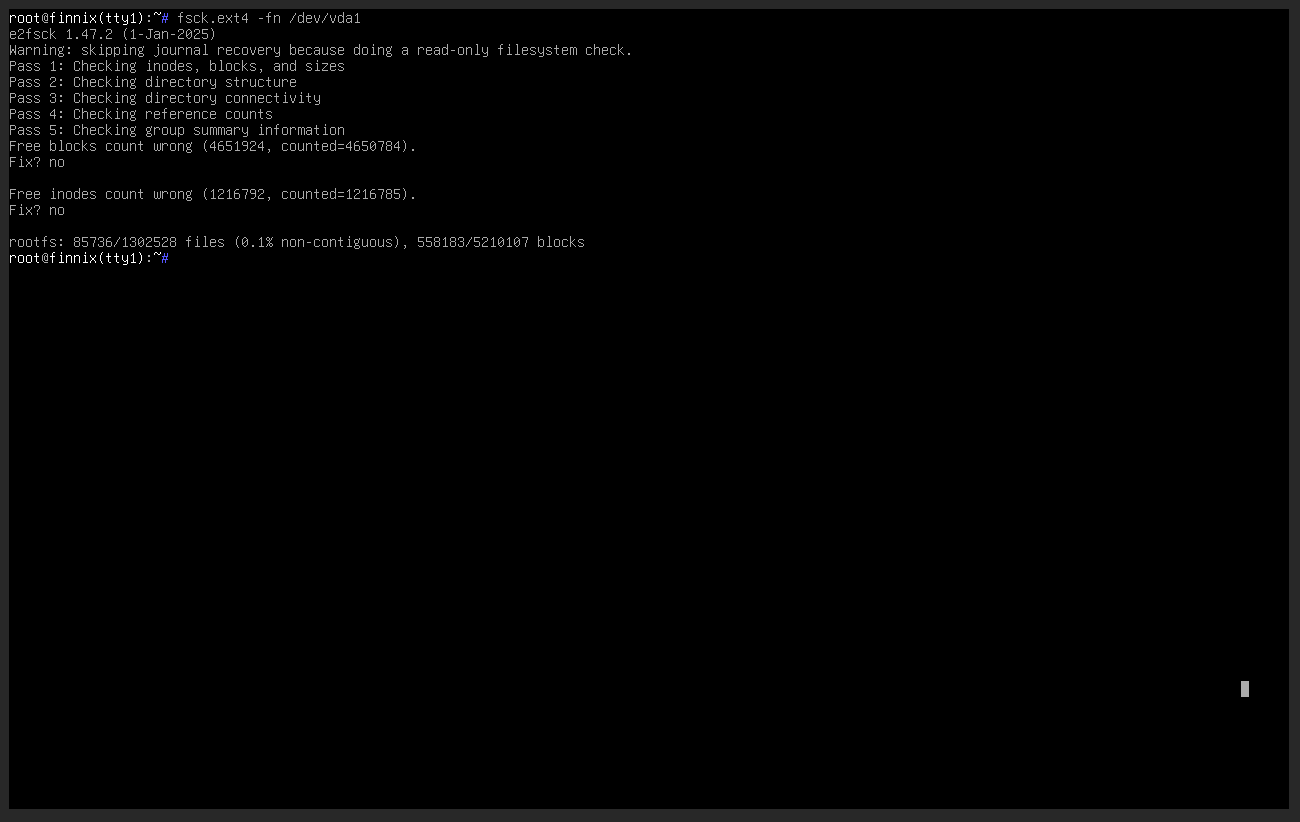 Finnix completing a read-only ext4 filesystem check