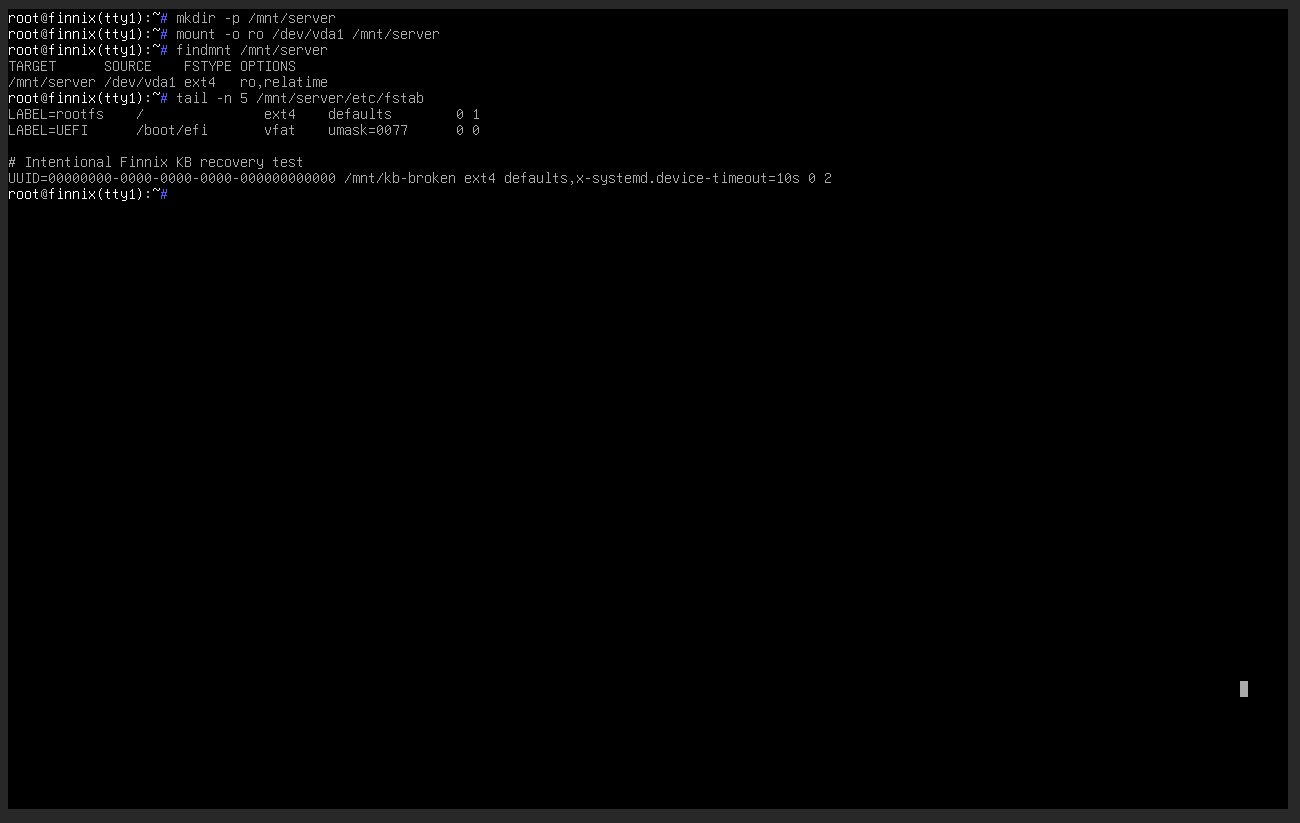 Finnix showing an invalid UUID entry in the installed system fstab file