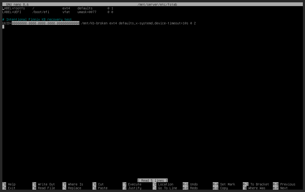 Nano showing the invalid fstab entry that must be removed or corrected