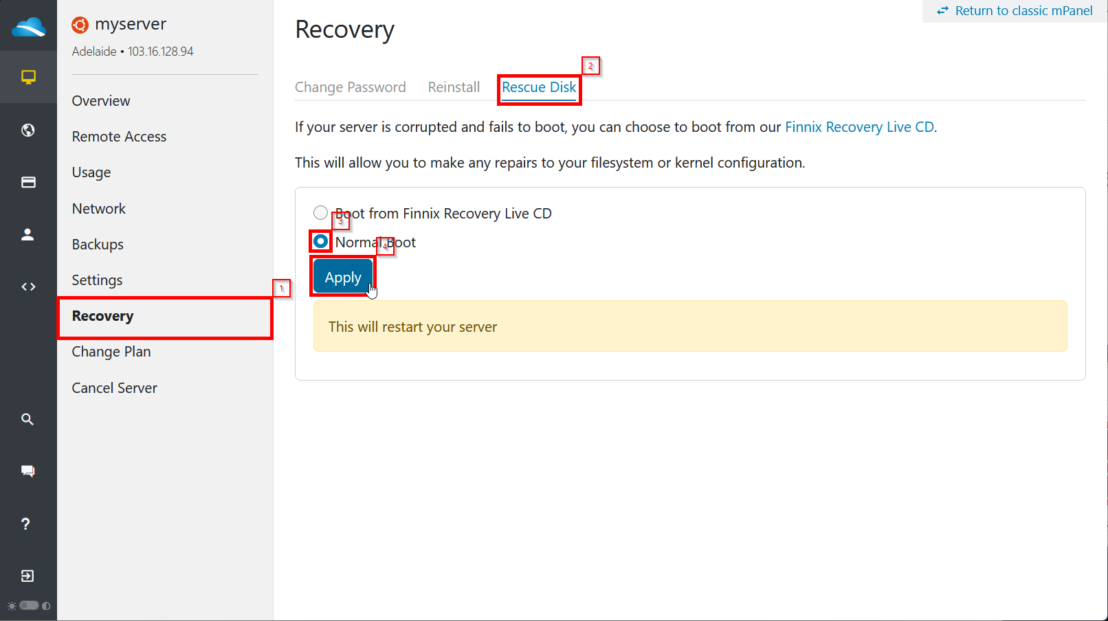 mPanel Recovery page with Normal Boot selected