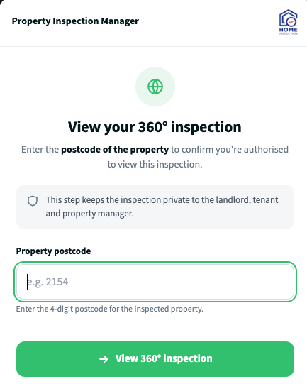 Postcode gate: enter the property postcode to access the 360 degree inspection