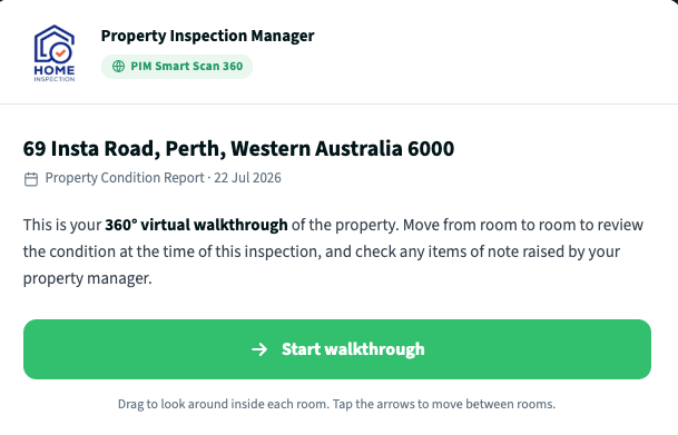 Virtual tour welcome screen showing property address and Start walkthrough button
