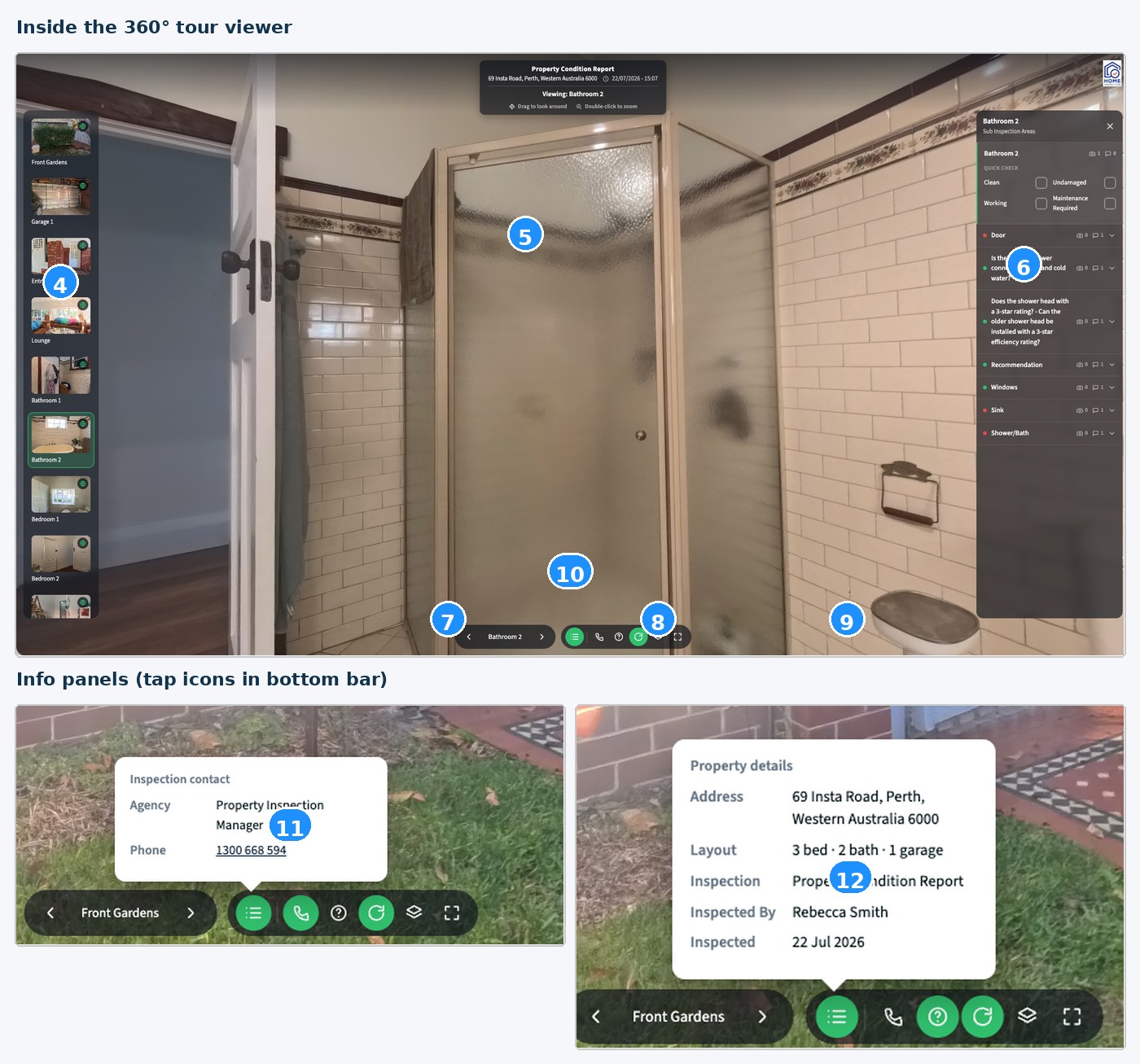 Annotated 360 tour viewer with numbered callouts 4–12