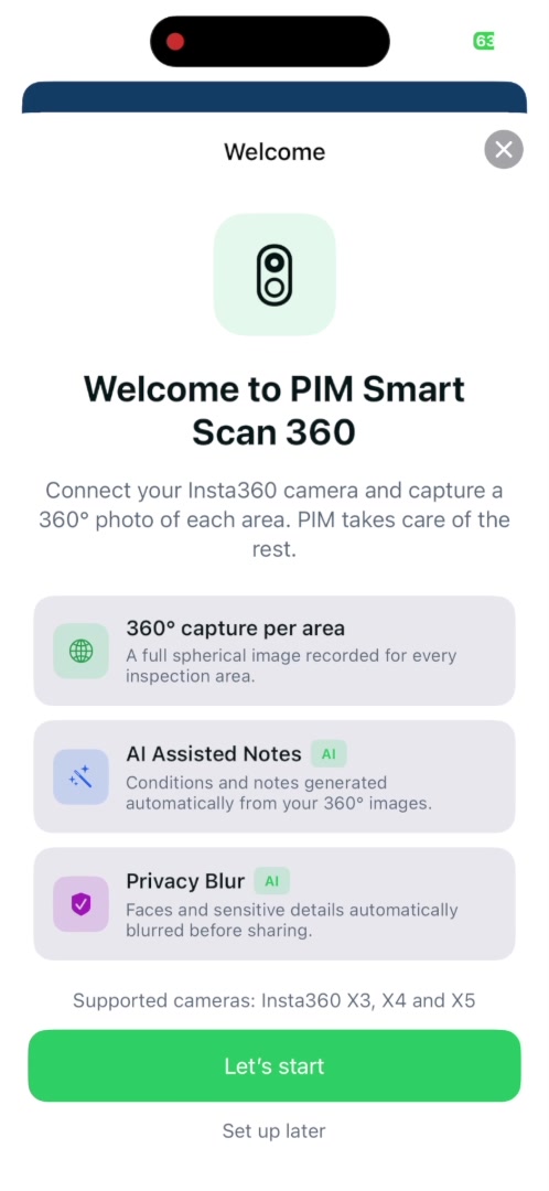 Welcome to PIM Smart Scan 360 screen listing the three features: 360 degree capture per area, AI Assisted Notes, and Privacy Blur