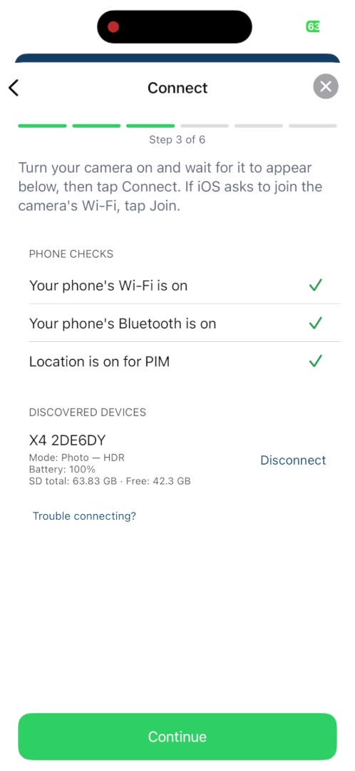 Connect screen, step 3 of 6, showing phone checks and a discovered camera X4 2DE6DY