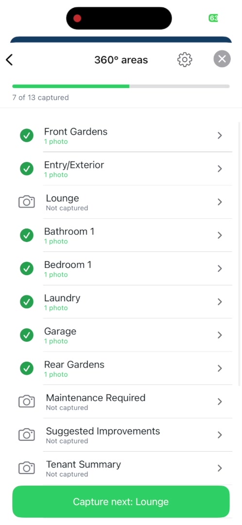 360 degree areas list showing captured areas with green checkmarks and a Capture next button