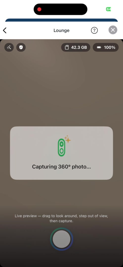 Live capture screen showing Capturing 360 degree photo with live preview instructions