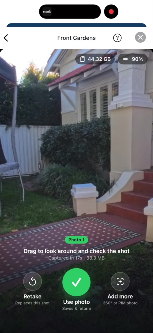 Review screen for a captured 360 photo with Retake, Use photo and Add more options