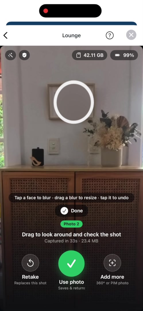 Privacy Blur screen showing a blurred face with instructions to tap, drag or undo a blur