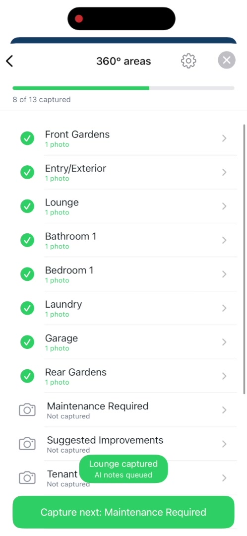 Areas list showing a toast notification: area captured, AI notes queued