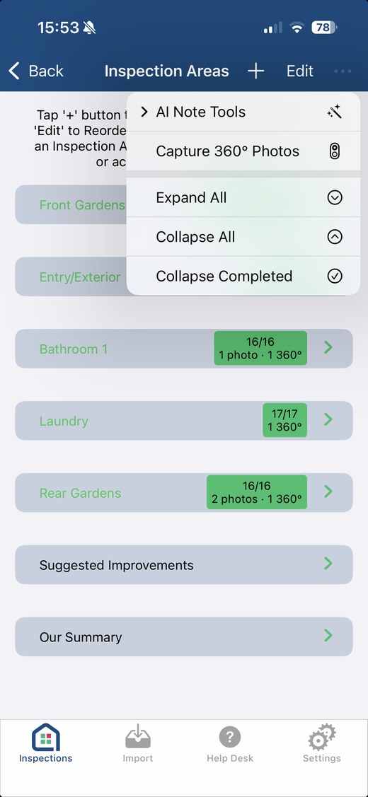 Welcome to PIM Smart Scan 360 screen listing the three features: 360 degree capture per area, AI Assisted Notes, and Privacy Blur