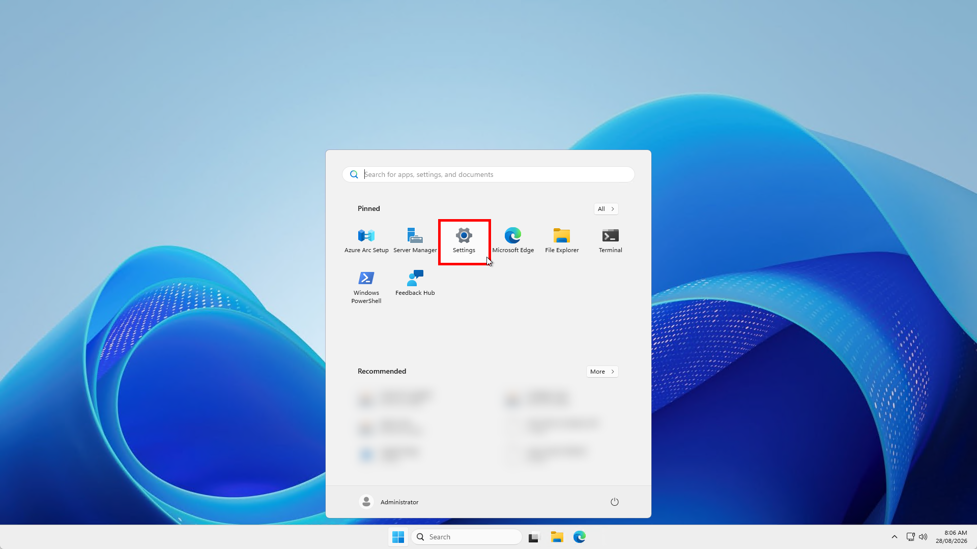 Windows Desktop with Start Button selected, cursor is hovering over the 'Settings' pinned quick-launch icon
