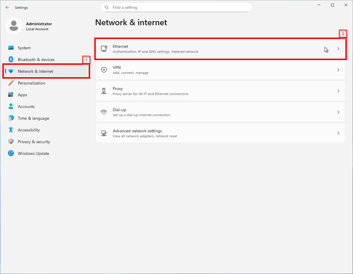 A screenshot of the 'Settings' application, with two options highlighted: 1) The 'Network & Internet' tab. 2) The 'Ethernet' option. Cursor is hovering over the 'Ethernet' option.