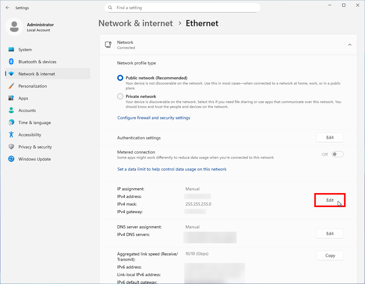 A screenshot of the settings application within the 'Network & internet > Ethernet' section. The second 'Edit' button is highlighted, and the cursor is hovering over this edit button.