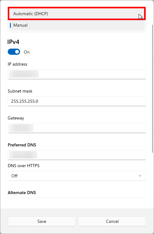 A follow-up screenshot of the same pop-up dialogue box with the drop-down menu open, the option 'Automatic (DHCP)' is highlighted, and the cursor is hovering over this option
